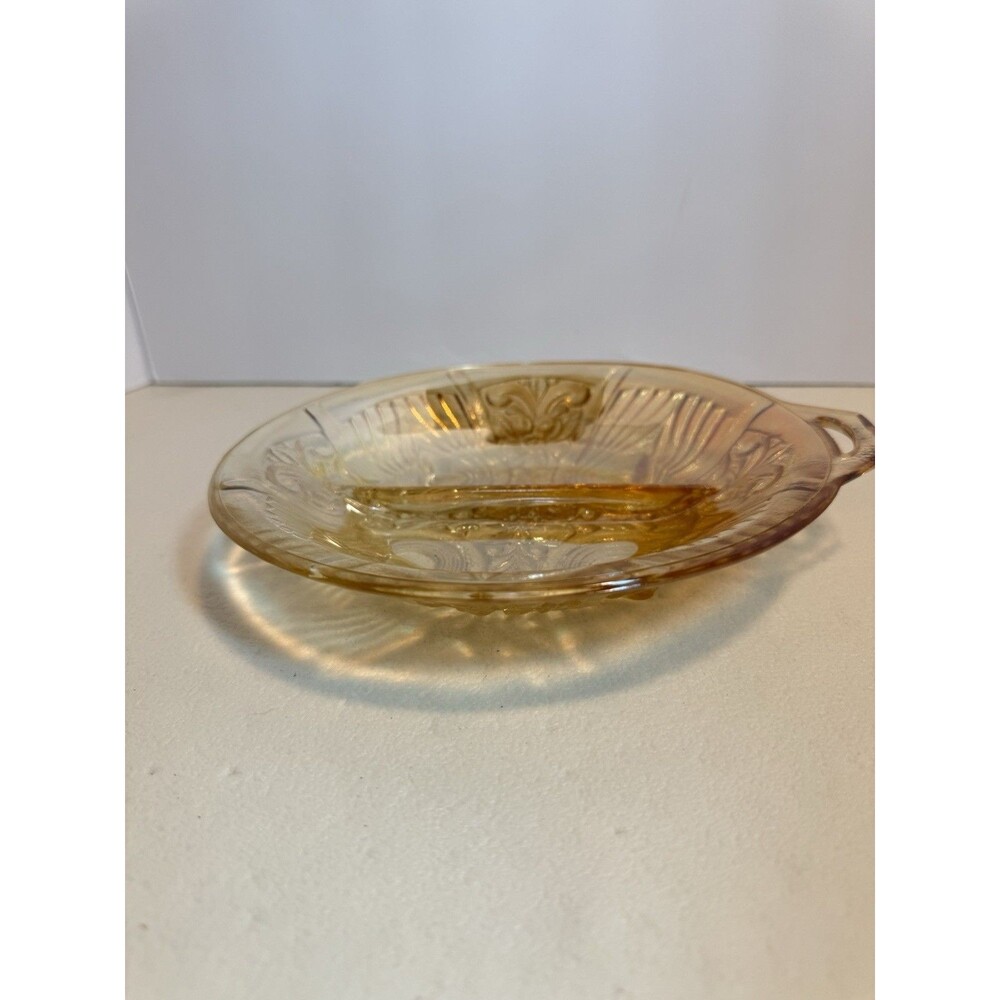 Vintage Amber Carnival Glass Handled Bowl Iridescent Pressed Pattern 8.5”